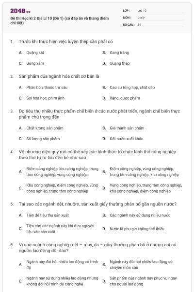 Đề thi Học kì 2 Địa Lí 10 (Đề 1) (có đáp án và thang điểm chi tiết)