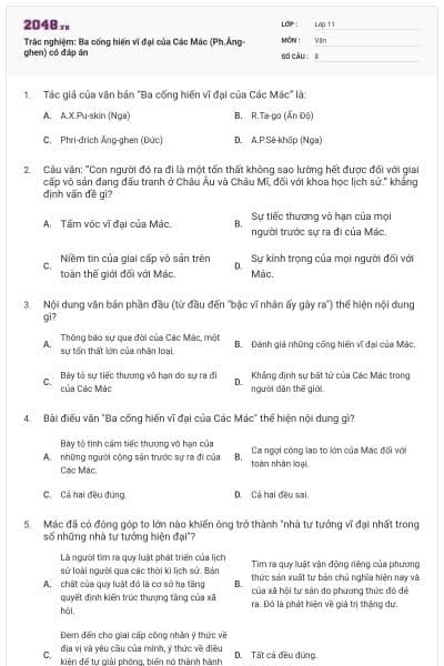 Trắc nghiệm: Ba cống hiến vĩ đại của Các Mác (Ph.Ăng-ghen) có đáp án