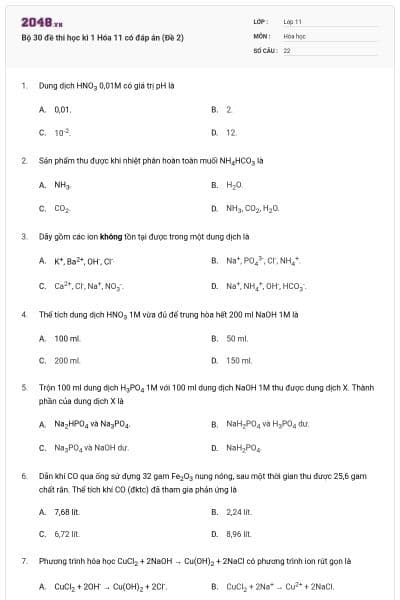 Bộ 30 đề thi học kì 1 Hóa 11 có đáp án (Đề 2)