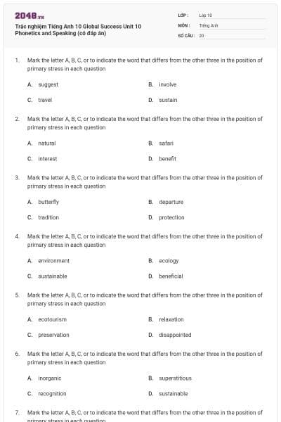 Trắc nghiệm Tiếng Anh 10 Global Success Unit 10 Phonetics and Speaking (có đáp án)
