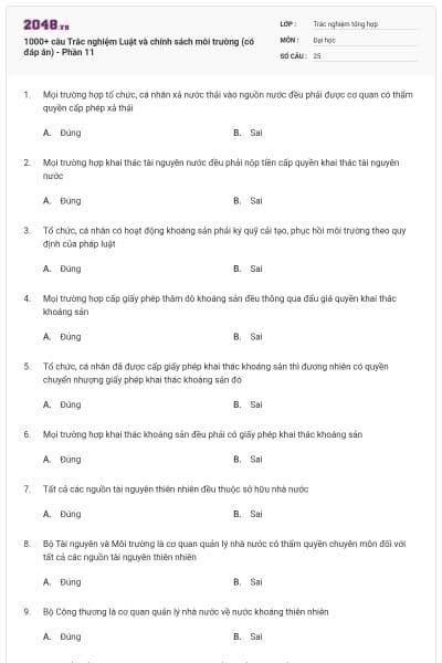 1000+ câu Trắc nghiệm Luật và chính sách môi trường (có đáp án) - Phần 11