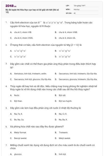 Bộ đề luyện thi Hóa Học cực hay có lời giải chi tiết (Đề số 10)