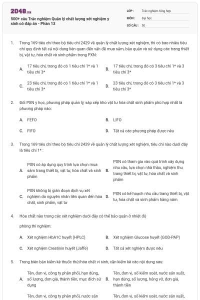 500+ câu Trắc nghiệm Quản lý chất lượng xét nghiệm y sinh có đáp án - Phần 13