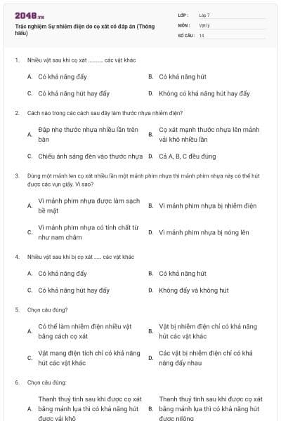 Trắc nghiệm Sự nhiễm điện do cọ xát có đáp án (Thông hiểu)