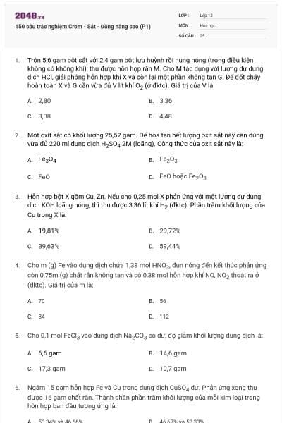 150 câu trắc nghiệm Crom - Sắt - Đồng nâng cao (P1)
