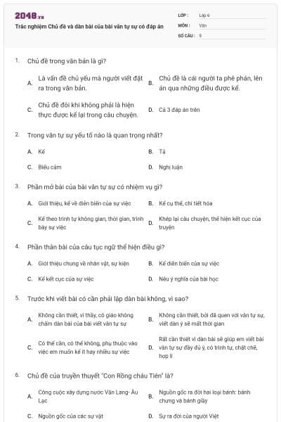 Trắc nghiệm Chủ đề và dàn bài của bài văn tự sự có đáp án