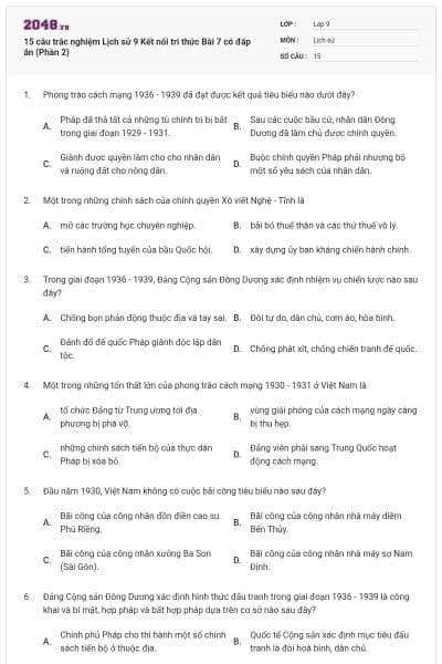 15 câu trắc nghiệm Lịch sử 9 Kết nối tri thức Bài 7 có đáp án (Phần 2)