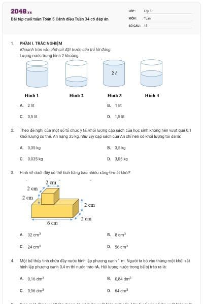 Bài tập cuối tuần Toán 5 Cánh diều Tuần 34 có đáp án