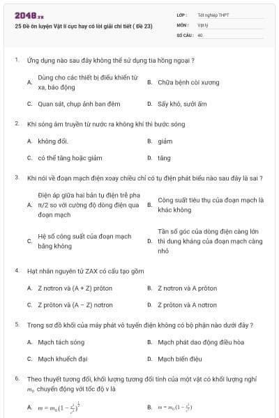 25 Đề ôn luyện Vật lí cực hay có lời giải chi tiết ( Đề 23)