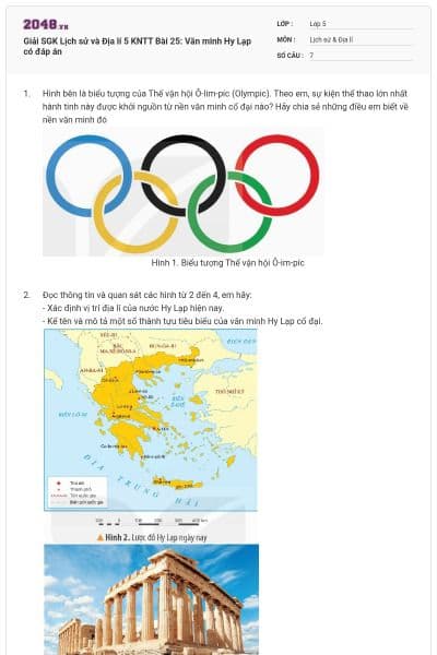 Giải SGK Lịch sử và Địa lí 5 KNTT Bài 25: Văn minh Hy Lạp có đáp án