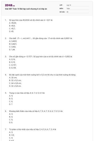 Giải SBT Toán 10 Bài tập cuối chương 6 có đáp án
