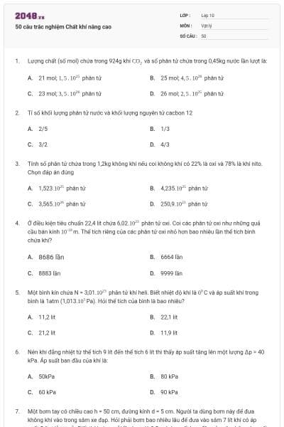 50 câu trắc nghiệm Chất khí nâng cao