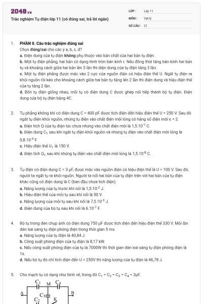 Trắc nghiệm Tụ điện lớp 11 (có đúng sai, trả lời ngắn)
