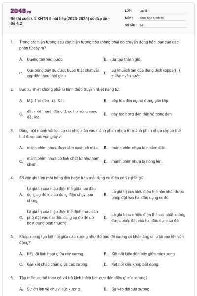 Đề thi cuối kì 2 KHTN 8 nối tiếp (2023-2024) có đáp án - Đề 4.2