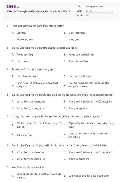 100+ câu Trắc nghiệm Vận động trị liệu có đáp án - Phần 1