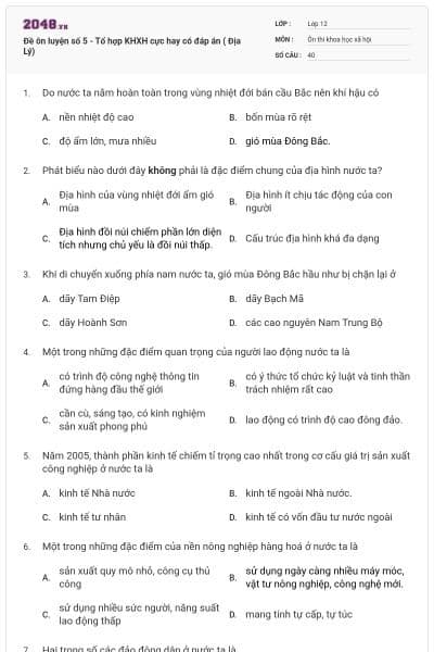 Đề ôn luyện số 5 - Tổ hợp KHXH cực hay có đáp án ( Địa Lý)
