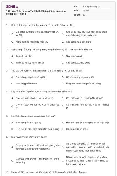 100+ câu Trắc nghiệm Thiết kế hệ thống thông tin quang có đáp án - Phần 3