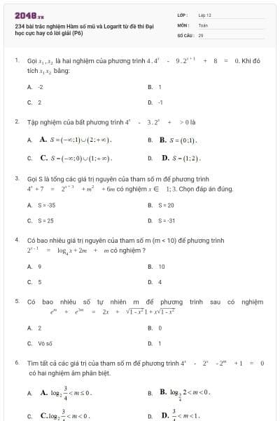 234 bài trắc nghiệm Hàm số mũ và Logarit từ đề thi Đại học cực hay có lời giải (P6)