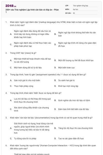200+ câu Trắc nghiệm Lập trình căn bản có đáp án - Phần 1