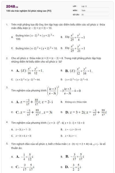 100 câu trắc nghiệm Số phức nâng cao (P3)