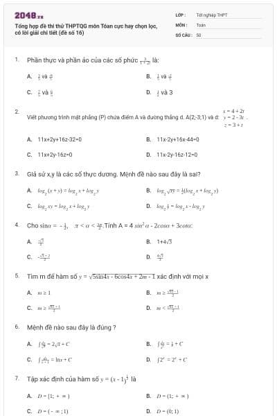 Tổng hợp đề thi thử THPTQG môn Tóan cực hay chọn lọc, có lời giải chi tiết (đề số 16)