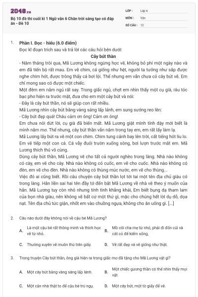 Bộ 10 đề thi cuối kì 1 Ngữ văn 6 Chân trời sáng tạo có đáp án - Đề 10