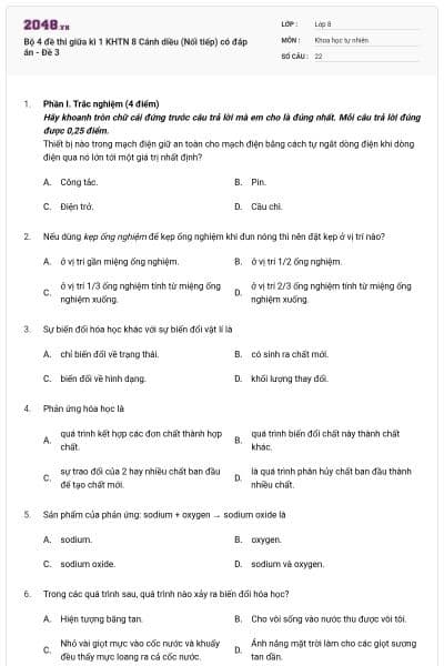Bộ 4 đề thi giữa kì 1 KHTN 8 Cánh diều (Nối tiếp) có đáp án - Đề 3