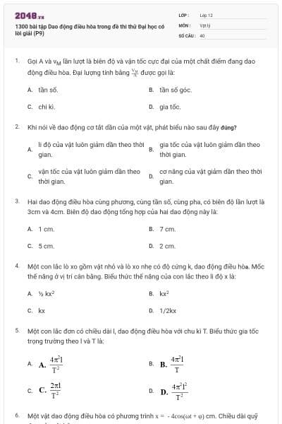 1300 bài tập Dao động điều hòa trong đề thi thử Đại học có lời giải (P9)