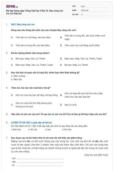 Bài tập hàng ngày Tiếng Việt lớp 4 Bài 25. Bay cùng ước mơ (có đáp án)
