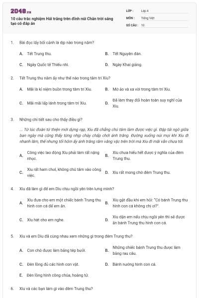 10 câu trắc nghiệm Hái trăng trên đỉnh núi Chân trời sáng tạo có đáp án
