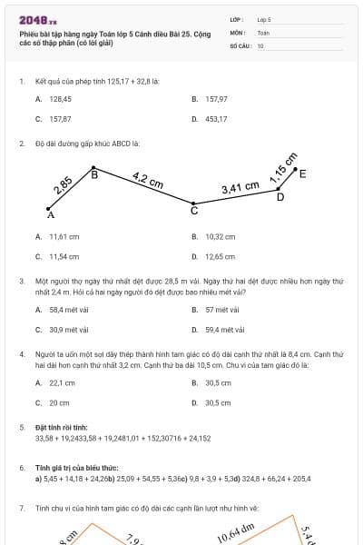 Phiếu bài tập hàng ngày Toán lớp 5 Cánh diều Bài 25. Cộng các số thập phân (có lời giải)