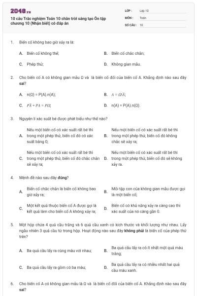 10 câu Trắc nghiệm Toán 10 chân trời sáng tạo Ôn tập chương 10 (Nhận biết) có đáp án