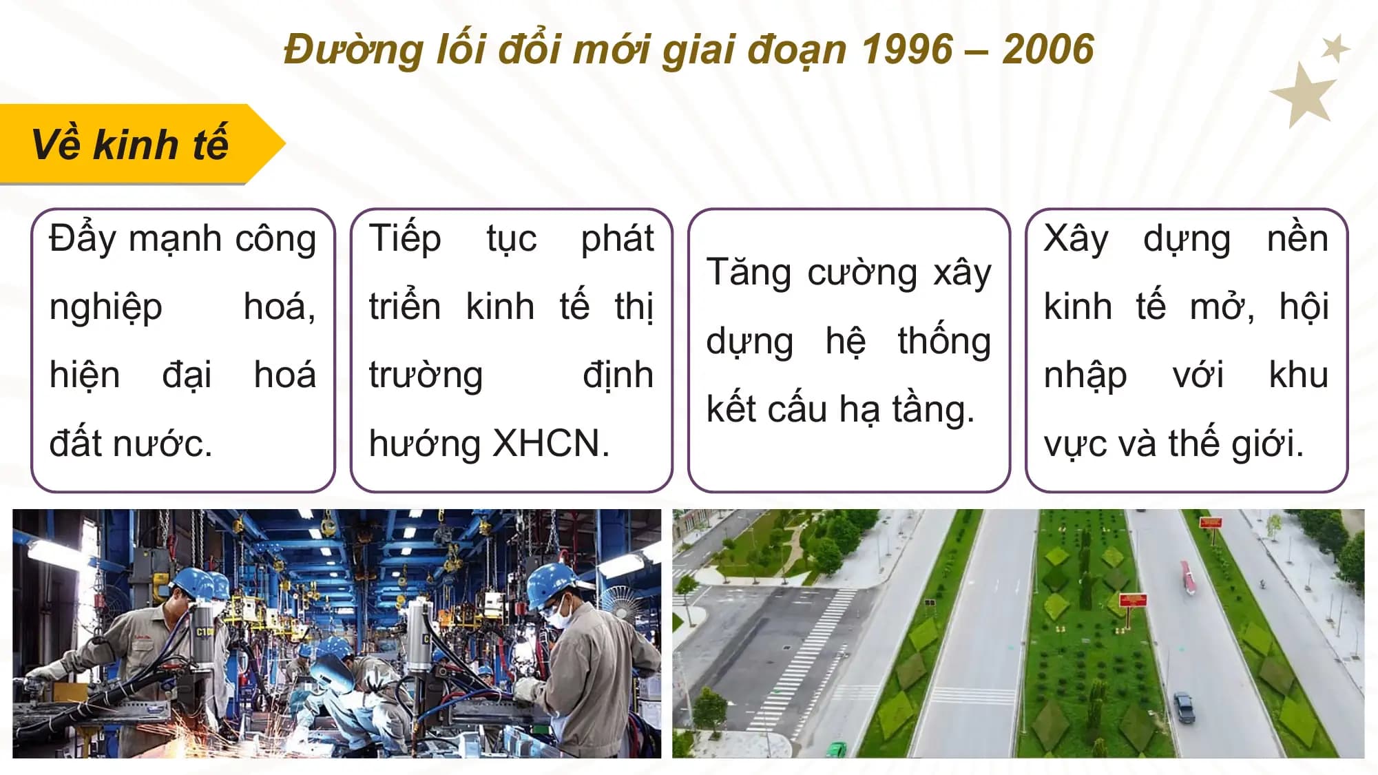 Đường lối đổi mới giai đoạn 1996 – 2006

Về kinh tế

 Đẩy mạnh công Tiếp tục phát Xây dựng nền
 Tăng cường xây
 nghiệp hoá, triển kinh tế thị kinh tế mở, hội
 dựng hệ thống
 hiện đại hoá trường định nhập với khu
 kết cấu hạ tầng.
 đất nước. hướng XHCN. vực và thế giới.
