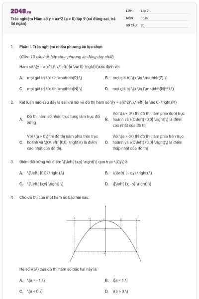Trắc nghiệm Hàm số y = ax^2 (a ≠ 0) lớp 9 (có đúng sai, trả lời ngắn)