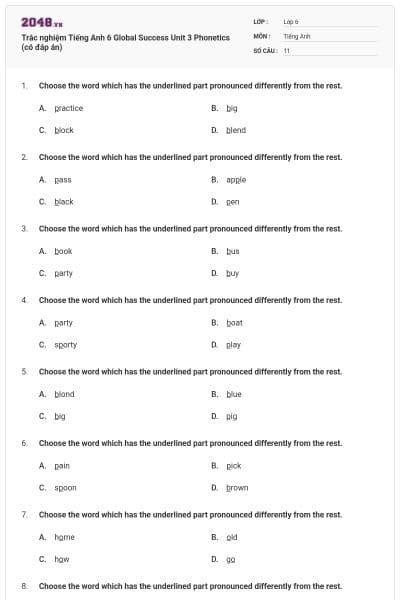 Trắc nghiệm Tiếng Anh 6 Global Success Unit 3 Phonetics (có đáp án)