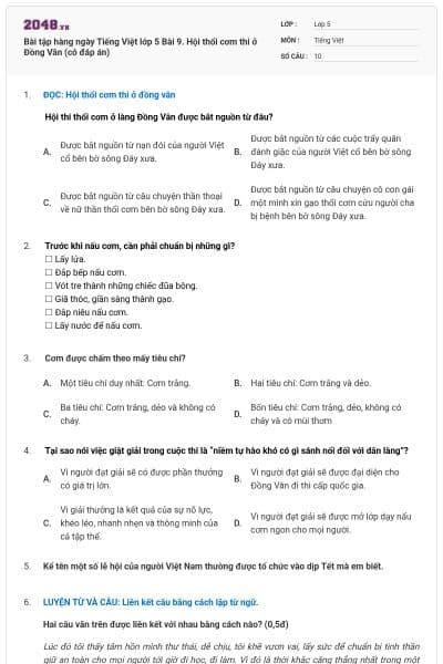 Bài tập hàng ngày Tiếng Việt lớp 5 Bài 9. Hội thổi cơm thi ở Đồng Vân (có đáp án)