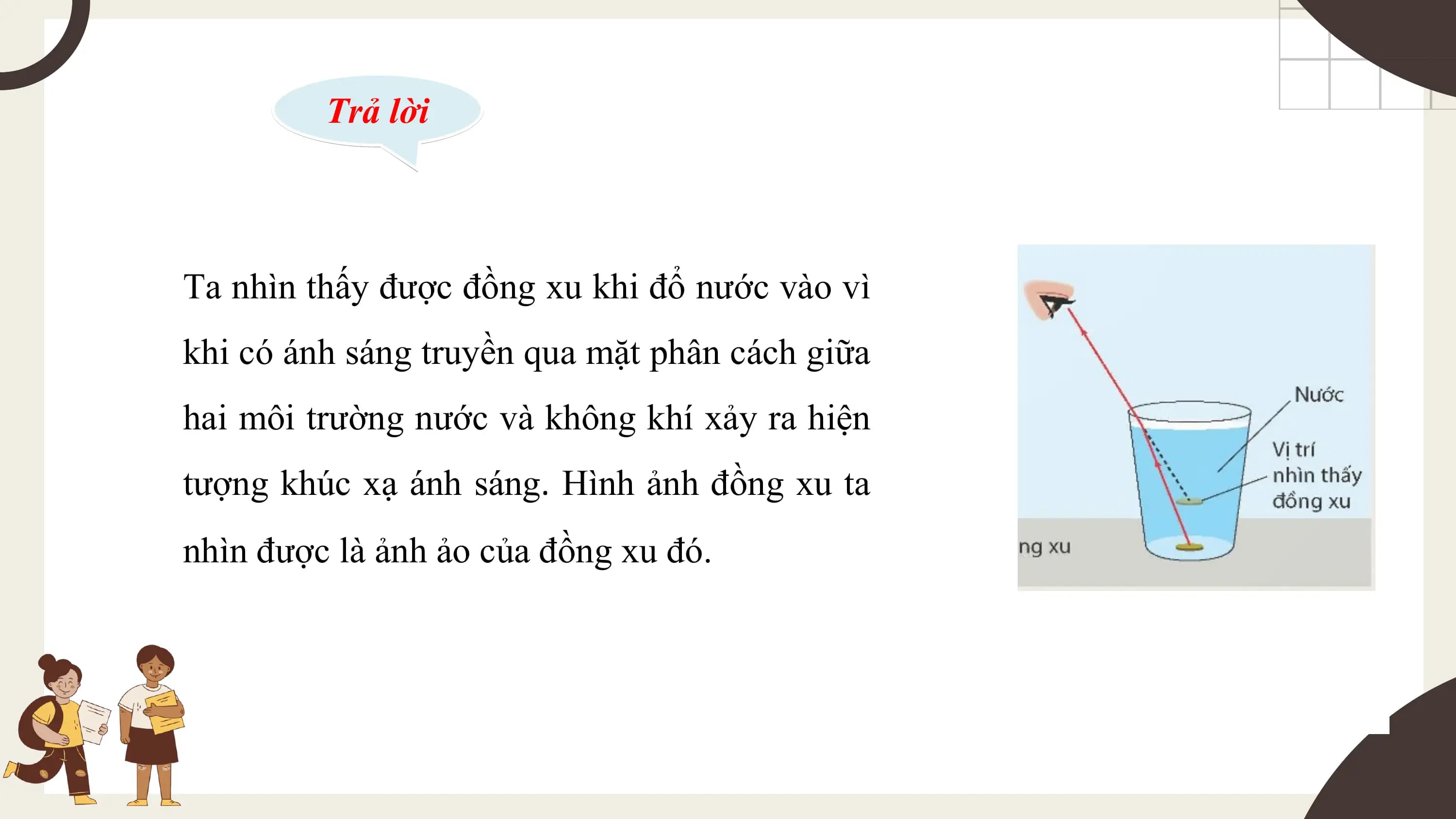 Trả lời

Ta nhìn thấy được đồng xu khi đổ nước vào vì
khi có ánh sáng truyền qua mặt phân cách giữa
hai môi trường nước và không khí xảy ra hiện
tượng khúc xạ ánh sáng. Hình ảnh đồng xu ta
nhìn được là ảnh ảo của đồng xu đó.