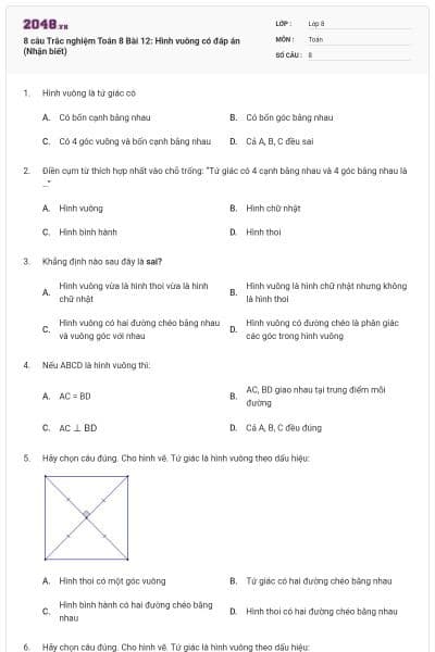 8 câu Trắc nghiệm Toán 8 Bài 12: Hình vuông có đáp án (Nhận biết)
