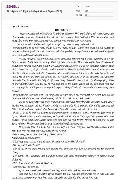 Đề thi giữa kì 1 lớp 6 môn Ngữ Văn có đáp án (Đề 9)