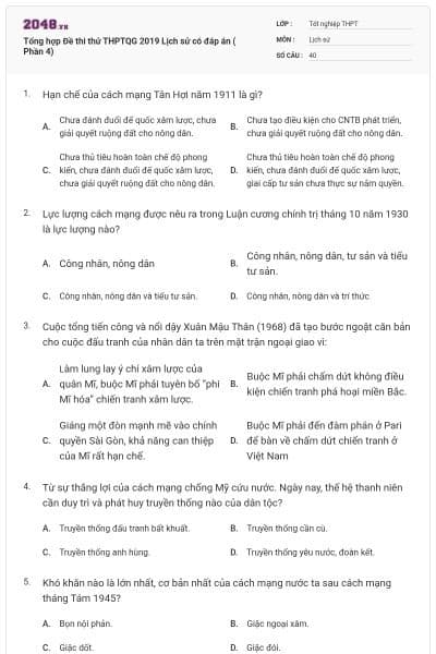 Tổng hợp Đề thi thử THPTQG 2019 Lịch sử có đáp án ( Phần 4)