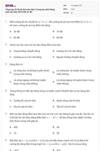 Tổng hợp 20 đề thi thử môn Vật Lí trung học phổ thông quốc gia năm 2019 (Đề số 28)