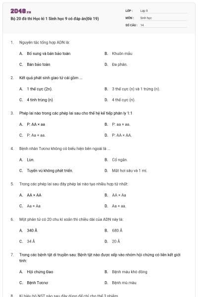 Bộ 20 đề thi Học kì 1 Sinh học 9 có đáp án(Đề 19)