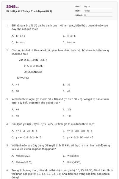 Đề thi Học kì 1 Tin học 11 có đáp án (Đề 1)