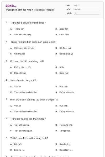 Trắc nghiệm Sinh học 7 Bài 4 (có đáp án): Trùng roi
