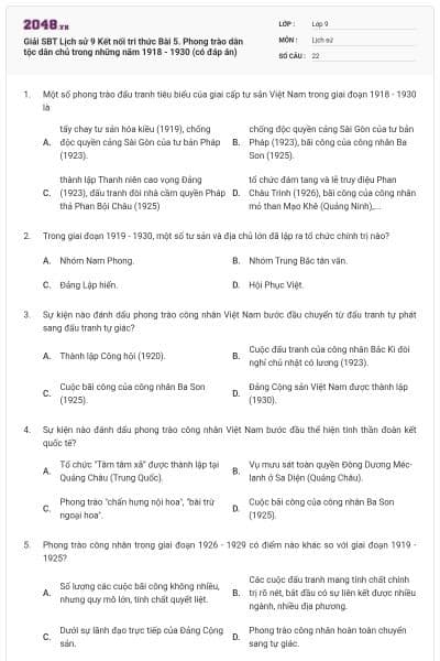 Giải SBT Lịch sử 9 Kết nối tri thức Bài 5. Phong trào dân tộc dân chủ trong những năm 1918 - 1930 (có đáp án)