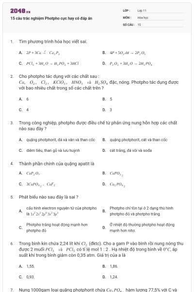 15 câu trắc nghiệm Photpho cực hay có đáp án