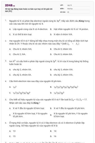 40 bài tập Bảng tuần hoàn cơ bản cực hay có lời giải chi tiết (P2)