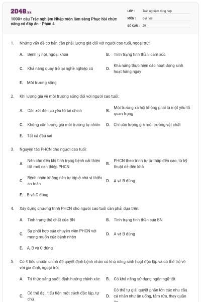 1000+ câu Trắc nghiệm Nhập môn lâm sàng Phục hồi chức năng có đáp án - Phần 4