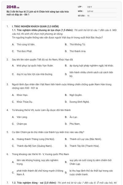 Bộ 3 đề thi học kì 2 Lịch sử 6 Chân trời sáng tạo cấu trúc mới có đáp án - Đề 1