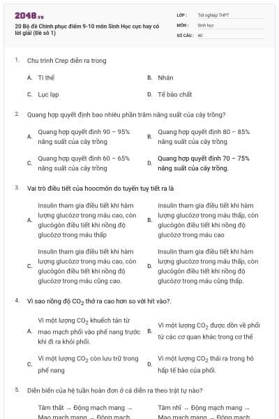 20 Bộ đề Chinh phục điểm 9-10 môn Sinh Học cực hay có lời giải (Đề sô 1)